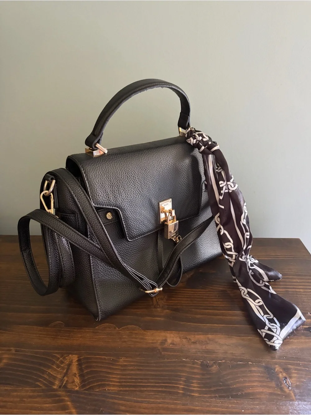 Aldo Black Faux Leather Top-Handle Satchel with Scarf Accent & Gold Hardware